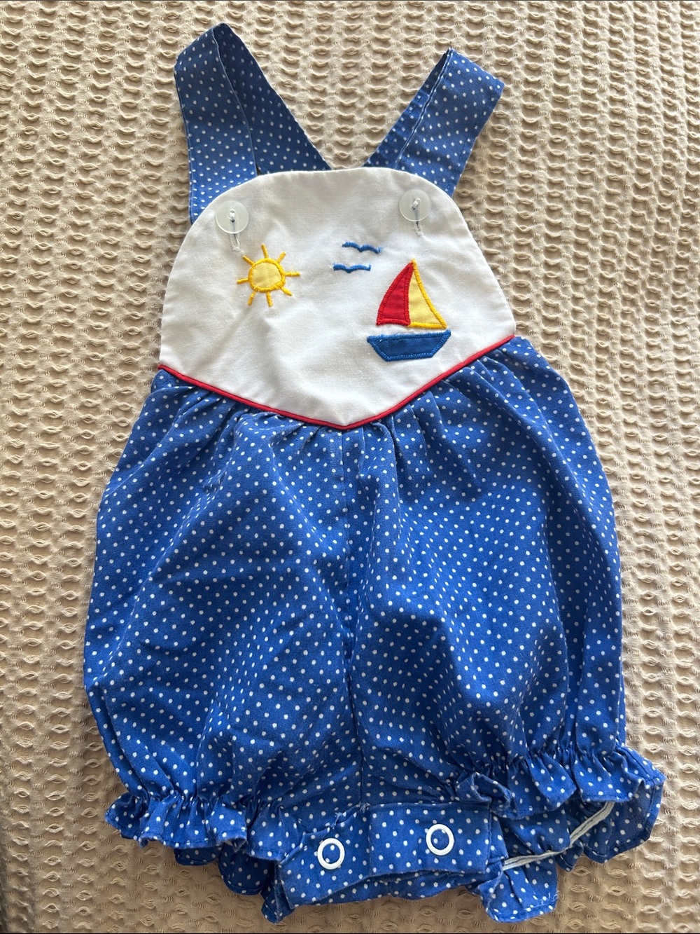 Vintage Baby Cuties by Judy size 0-6m Blue Polka Dot Sailboat Baby Romper